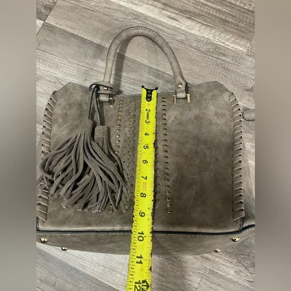 Westerncore nude tan satchel bag embellished fringe cowboy faux leather large - Picture 10 of 11